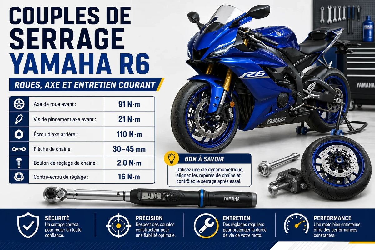 Couples de serrage Yamaha R6 : roues, axe et entretien courant