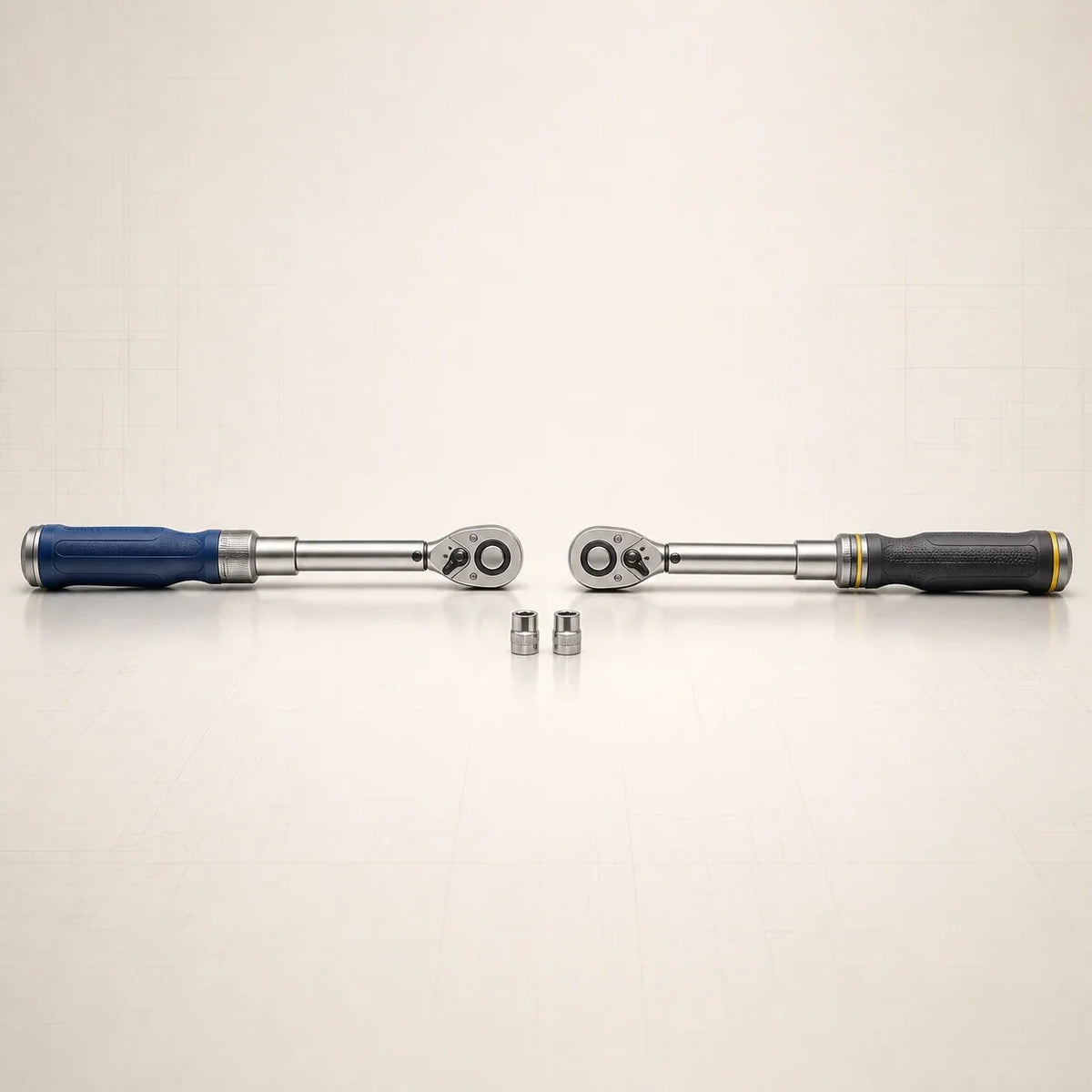 Deux clés dynamométriques professionnelles opposées sur un établi clair, avec poignées bleu acier et graphite.