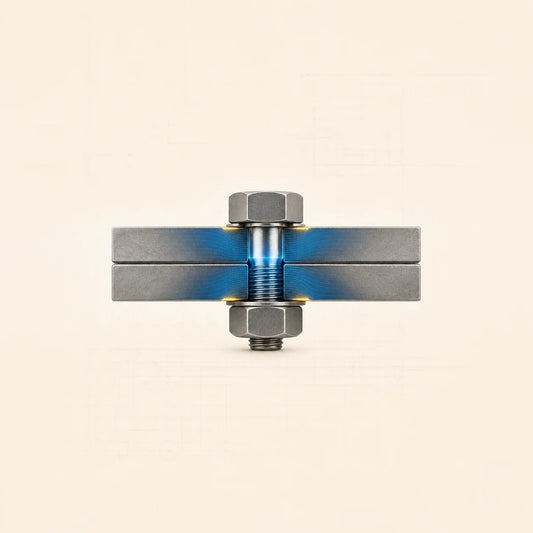 Assemblage boulonné serrant deux plaques avec zones de tension et de compression visualisées en bleu et jaune.