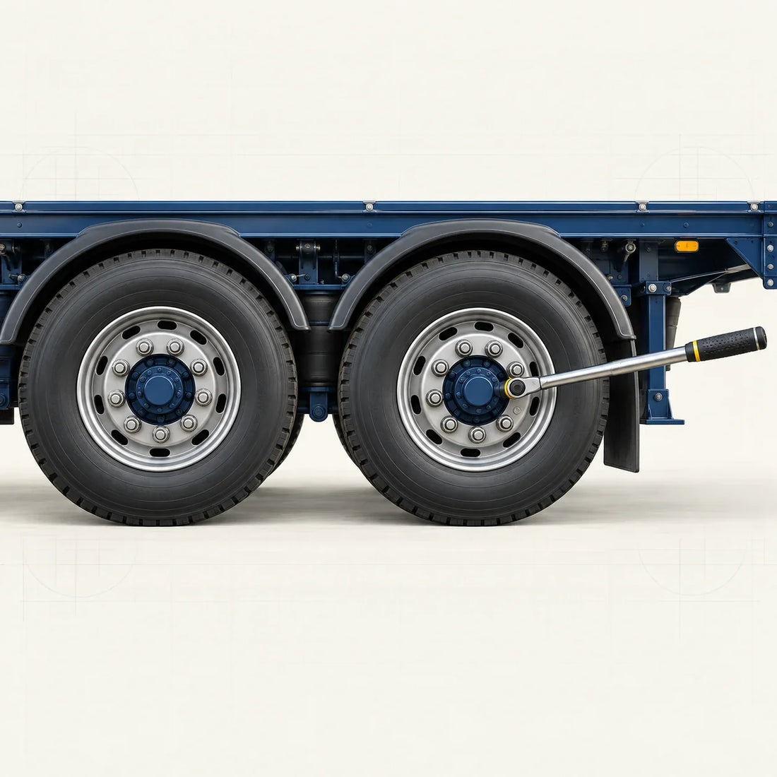 Roues de semi-remorque avec clé dynamométrique engagée sur un écrou de roue