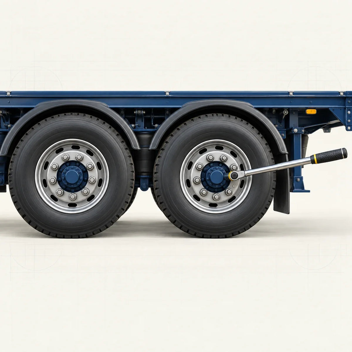 Roues de semi-remorque avec clé dynamométrique engagée sur un écrou de roue