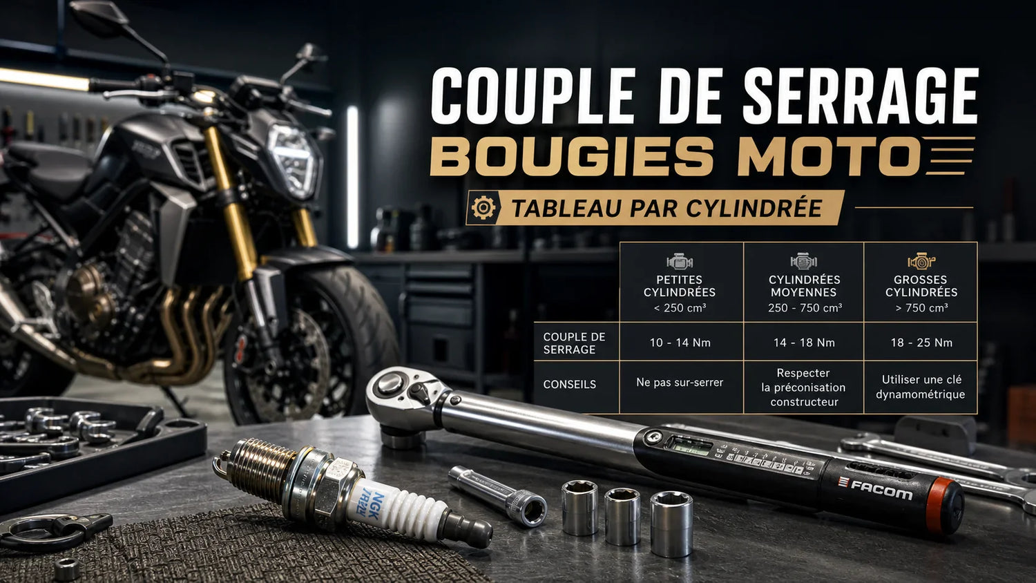 Couple de serrage bougies moto : tableau par cylindrée