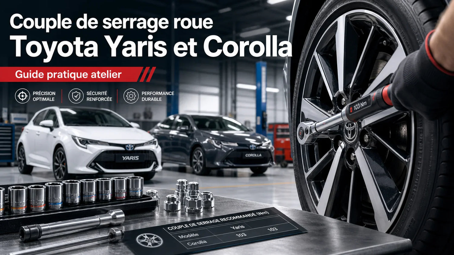 Couple de serrage roue Toyota Yaris et Corolla