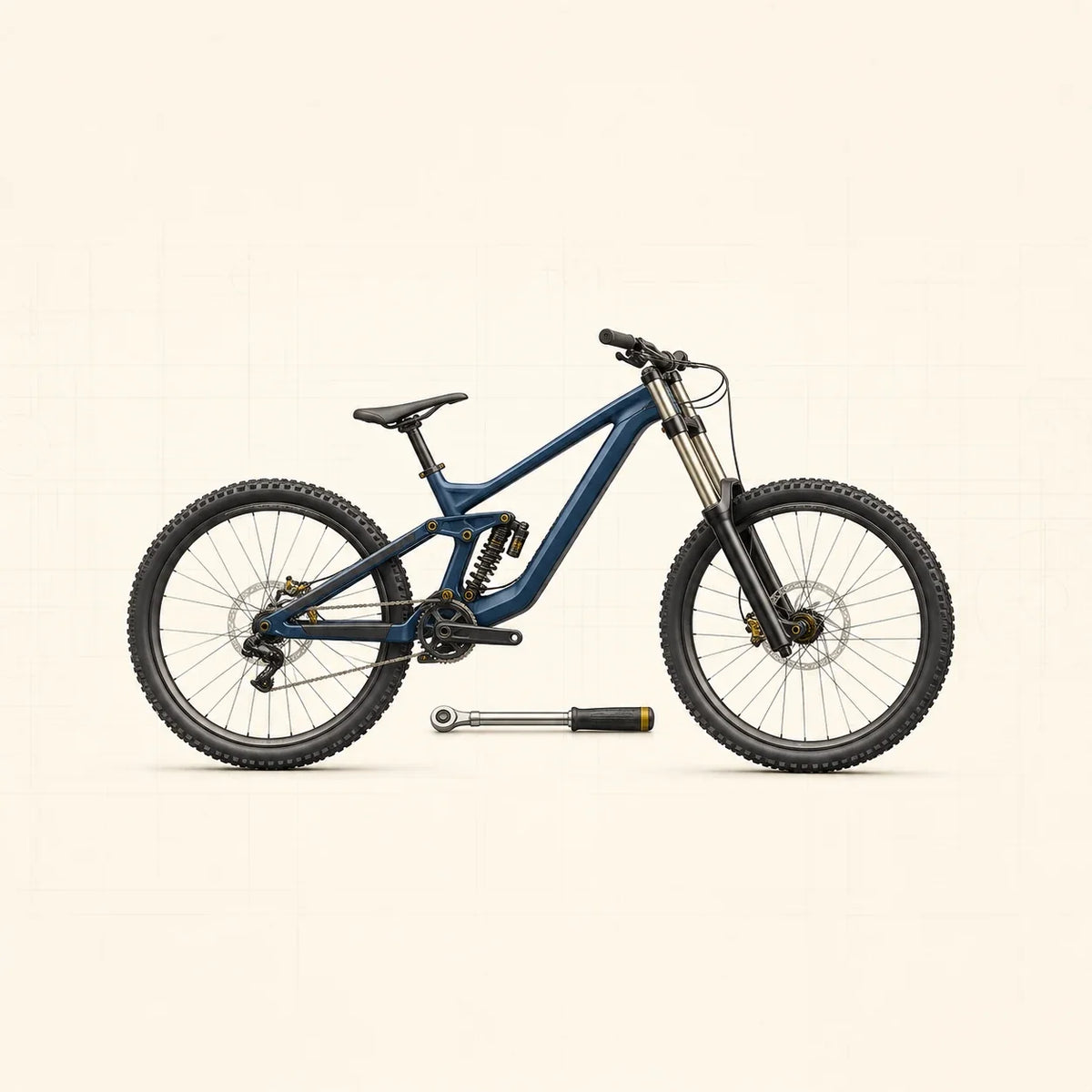 VTT de descente bleu avec points de fixation jaunes et clé dynamométrique au sol
