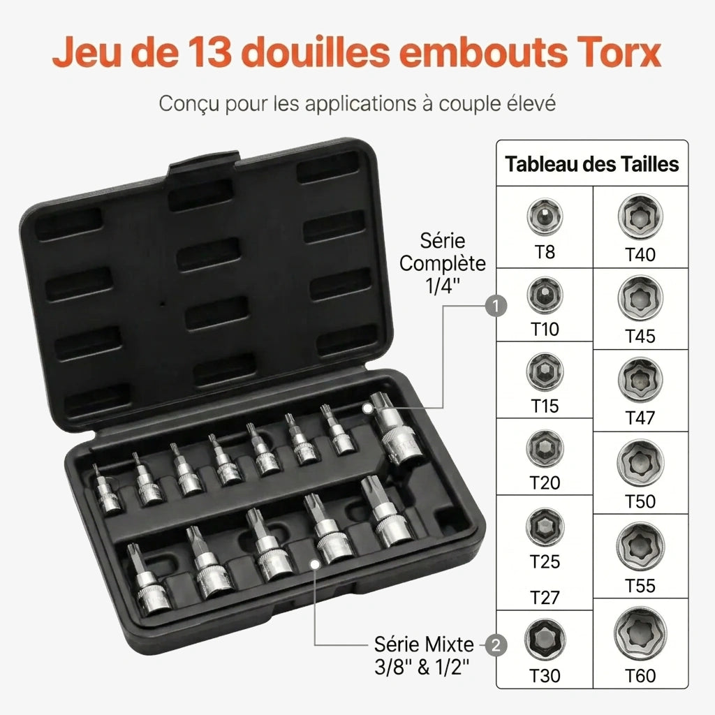 Coffret de douilles embouts Torx 1/4", 3/8" et 1/2" Acier Renforcé — utilisation