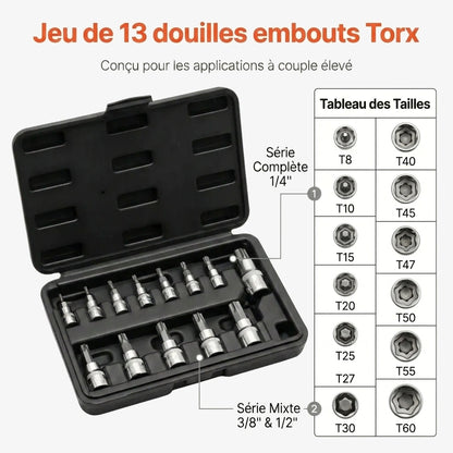 Coffret de douilles embouts Torx 1/4", 3/8" et 1/2" Acier Renforcé — utilisation