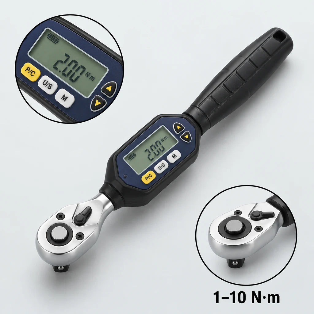 Clé Dynamométrique Digitale 1/4" Précision Micro-Serrage Vélo — zoom écran LCD et tête 1/4", 1-10 N·m