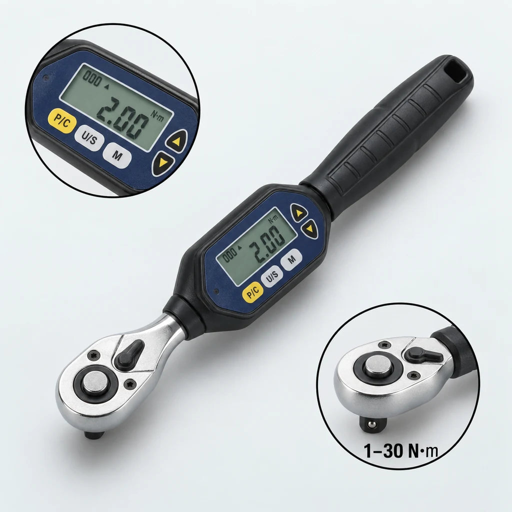 Clé Dynamométrique Digitale 1/4" Vélo Carbone & VTT — zoom écran LCD et tête 1/4", 1-30 N·m