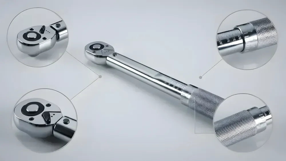 Clé dynamométrique en métal avec détails du manche et de la tête, outil précis pour auto, vélo ou moto.