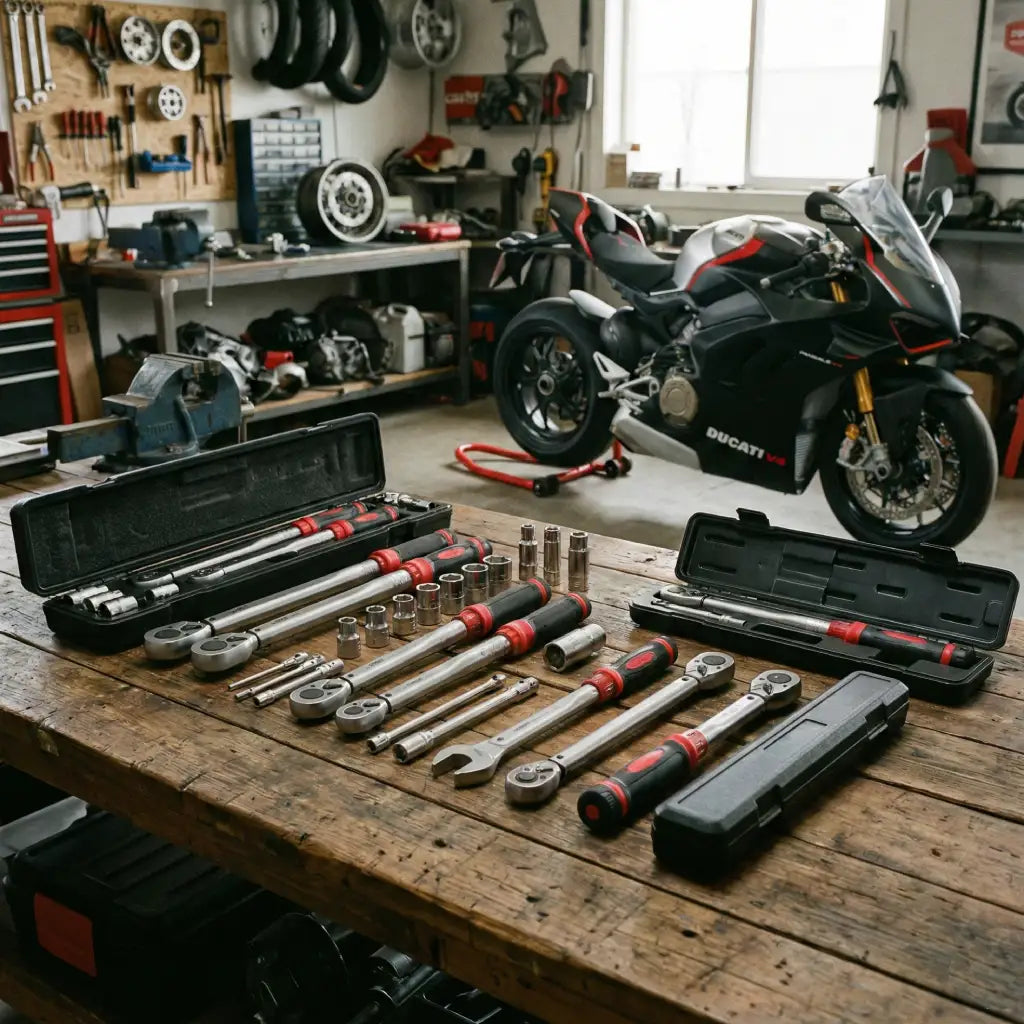 Coffrets de clés dynamométriques pour moto, atelier avec outils et moto sportive en arrière-plan