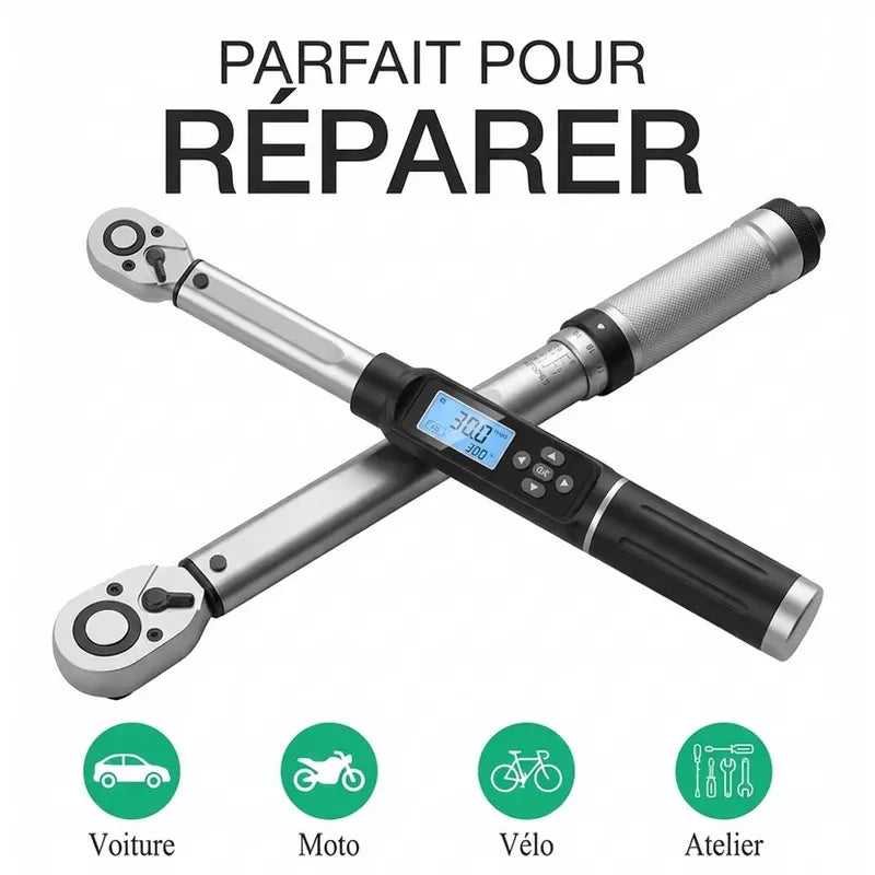 Clés dynamométriques numériques et manuelles pour voiture, moto, vélo, atelier réparation.