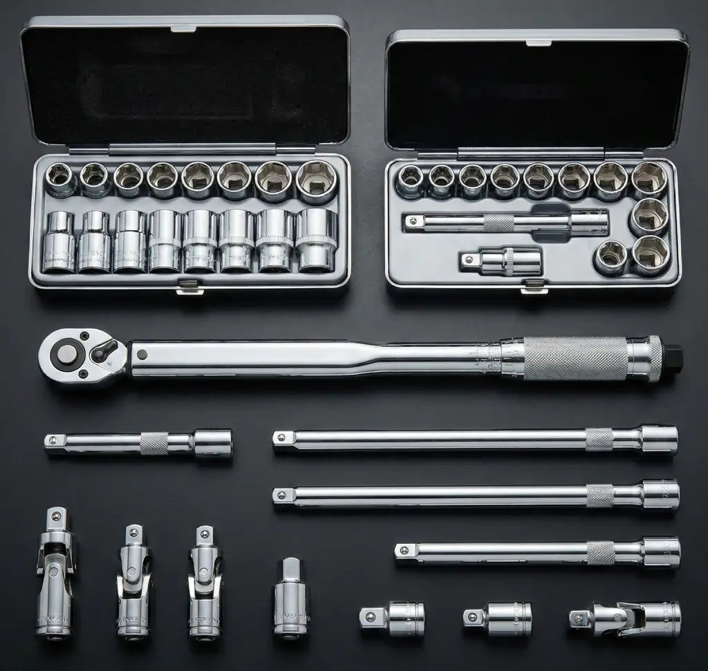 Coffret clé dynamométrique avec douilles et accessoires, outils chrome pour auto et moto