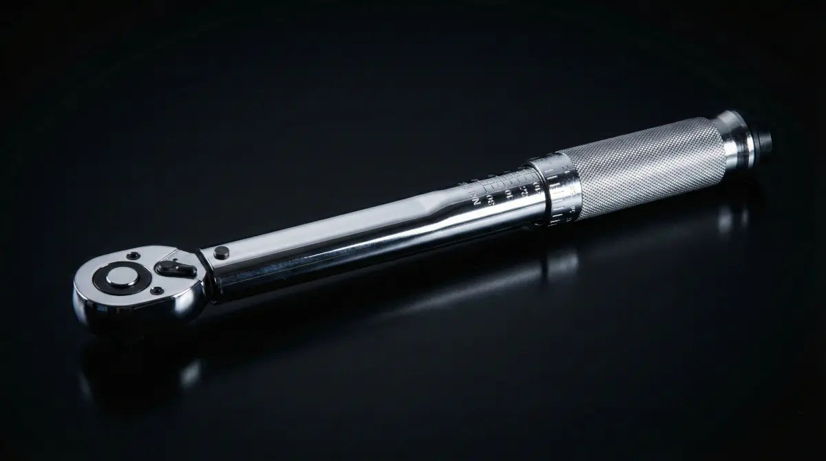 Clé dynamométrique chromée, outil de serrage précis pour auto, moto, vélo, sur fond noir.
