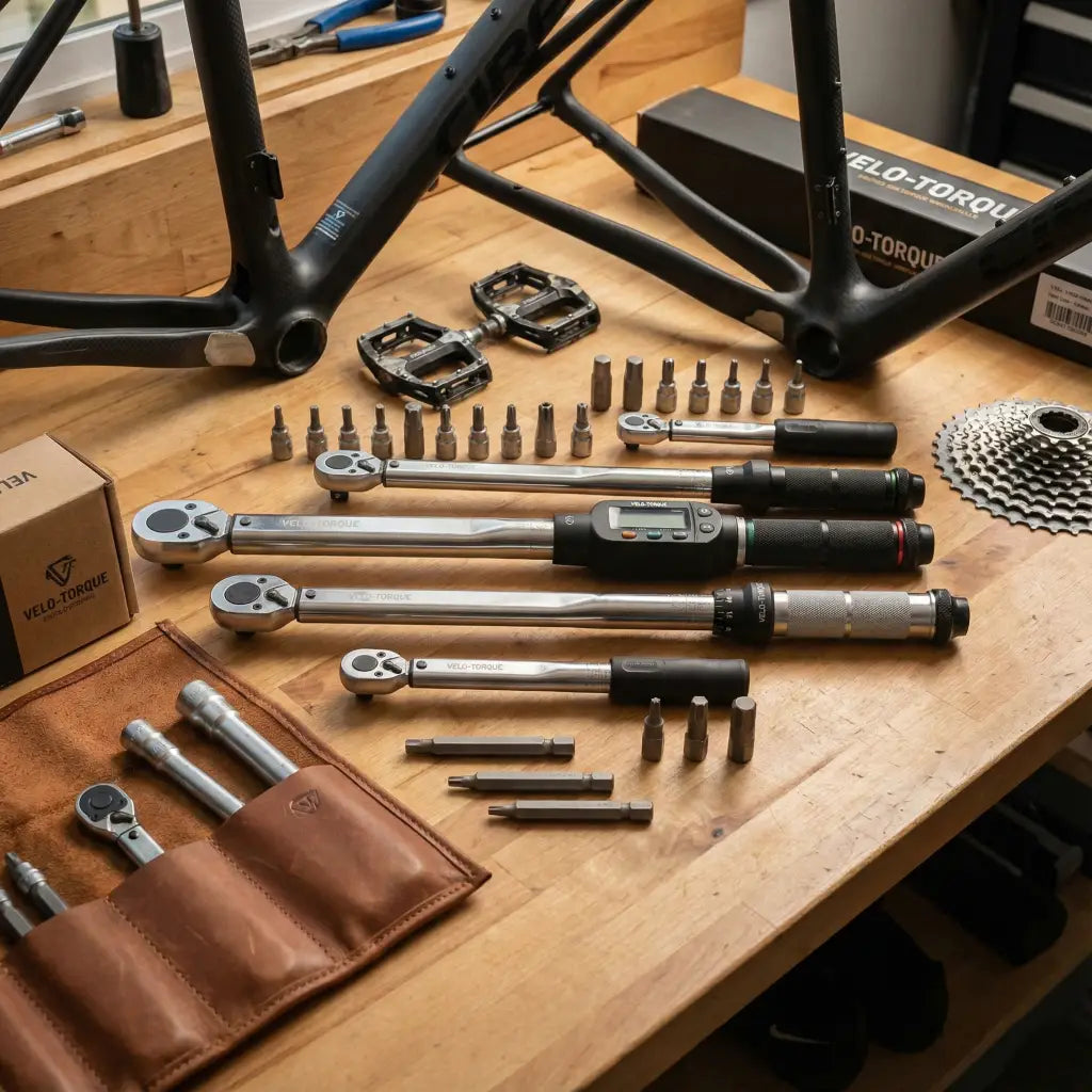 Coffret clés dynamométriques pour vélo avec embouts et outils sur établi en bois