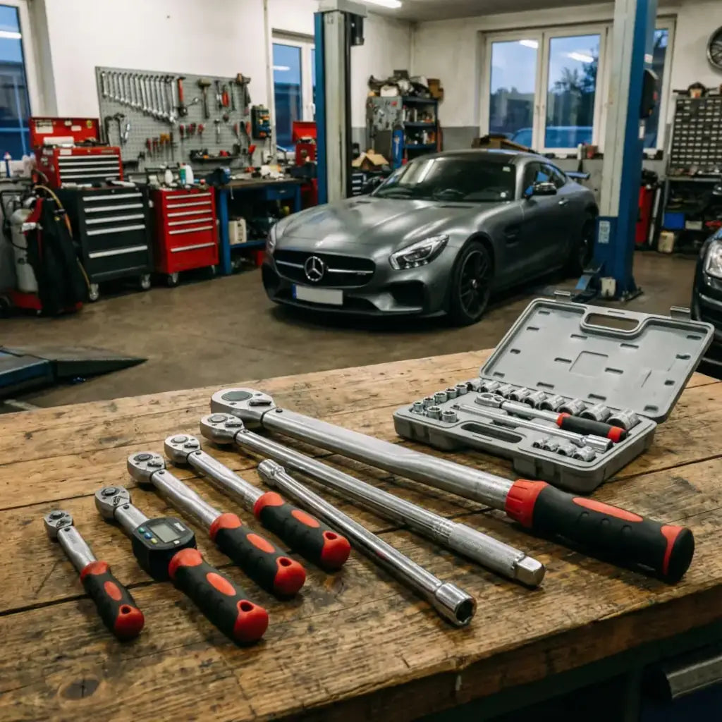 Coffret de clés dynamométriques pour auto posé sur établi, garage et voiture en arrière-plan