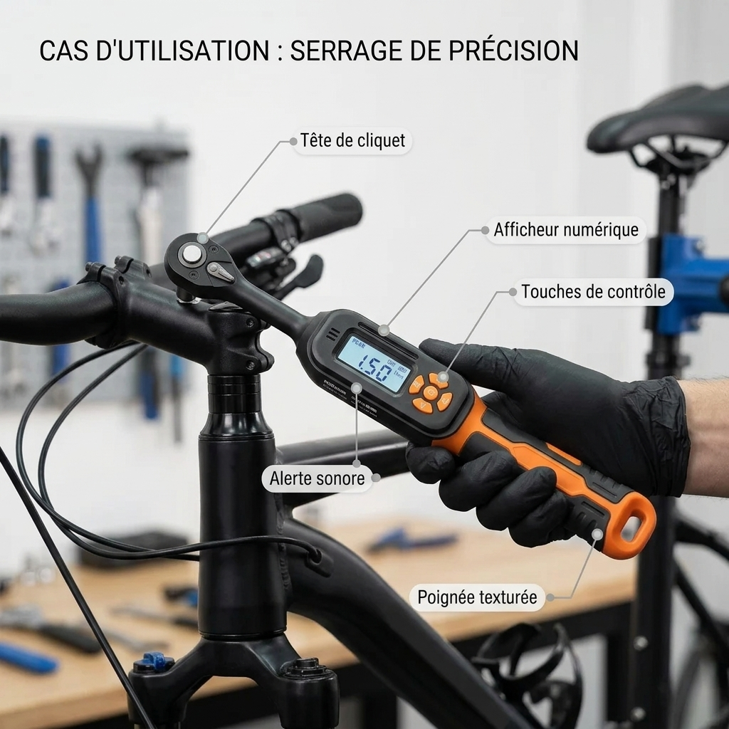Clé Dynamométrique Digitale 3/8" Entretien Moto et Vélo — serrage de potence vélo