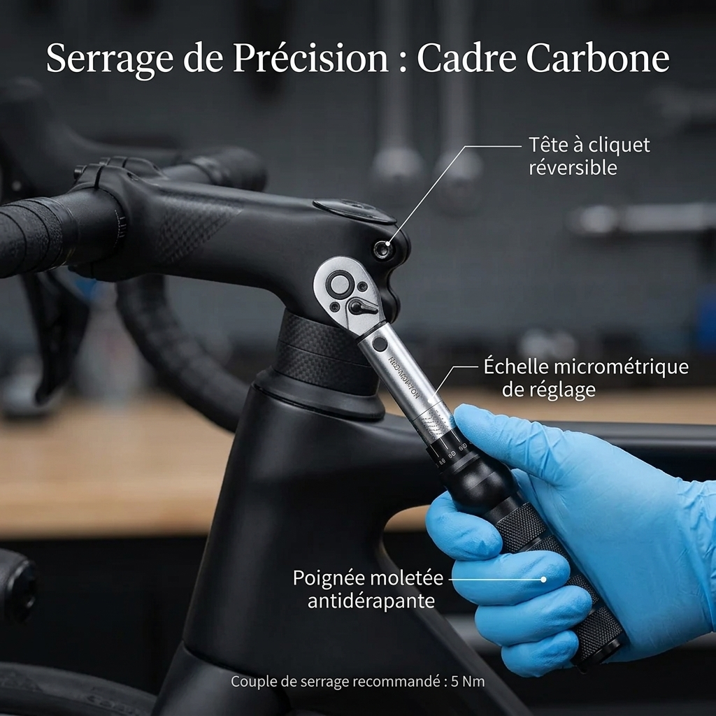 Clé Dynamométrique 1/4" Spécial Vélo & Carters — serrage de potence vélo (5 Nm)