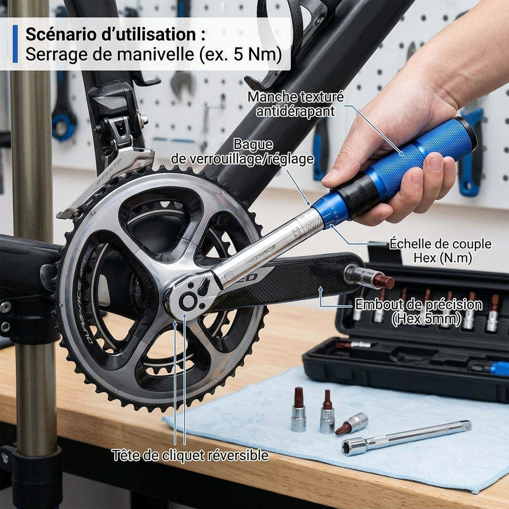 Clé Dynamométrique 1/4" Kit Spécial Vélo & Carbone — serrage de pédalier (5 Nm)