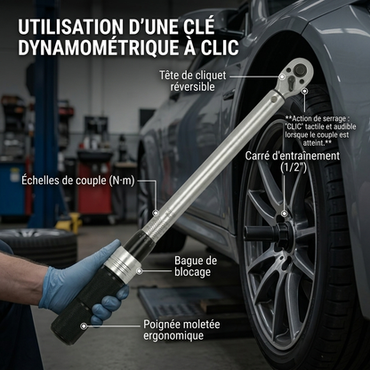 Clé Dynamométrique 1/2" Auto et Précision Certifiée — serrage des écrous de roue