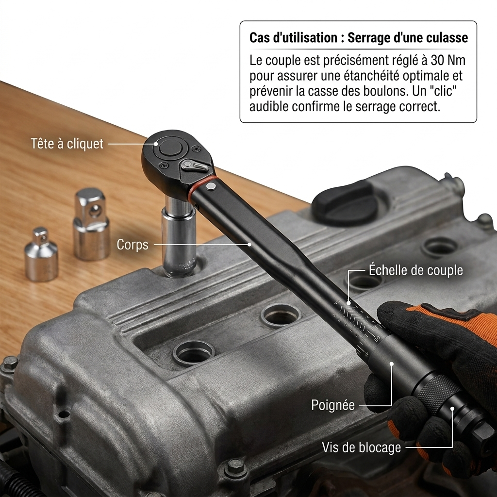 Clé Dynamométrique 3/8" Maintenance Moto & Auto — serrage de culasse (30 Nm)