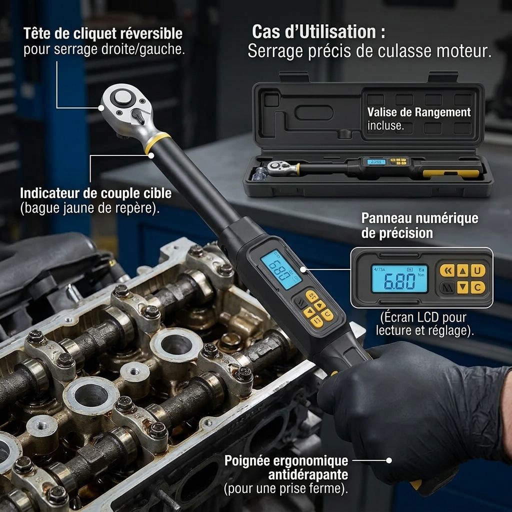 Clé Dynamométrique Digitale 1/2" Polyvalence Moteur & Roues — serrage de culasse (6.80 Nm)