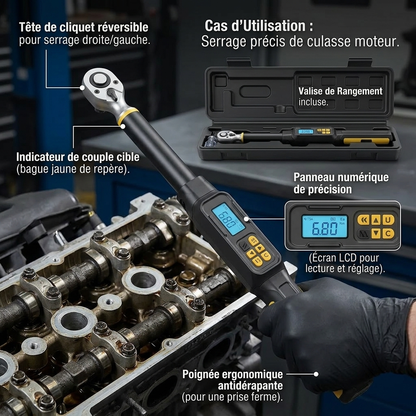 Clé Dynamométrique Digitale 1/2" Polyvalence Moteur & Roues — serrage de culasse (6.80 Nm)