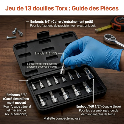 Coffret de douilles embouts Torx 1/4", 3/8" et 1/2" Acier Renforcé — présentation atelier