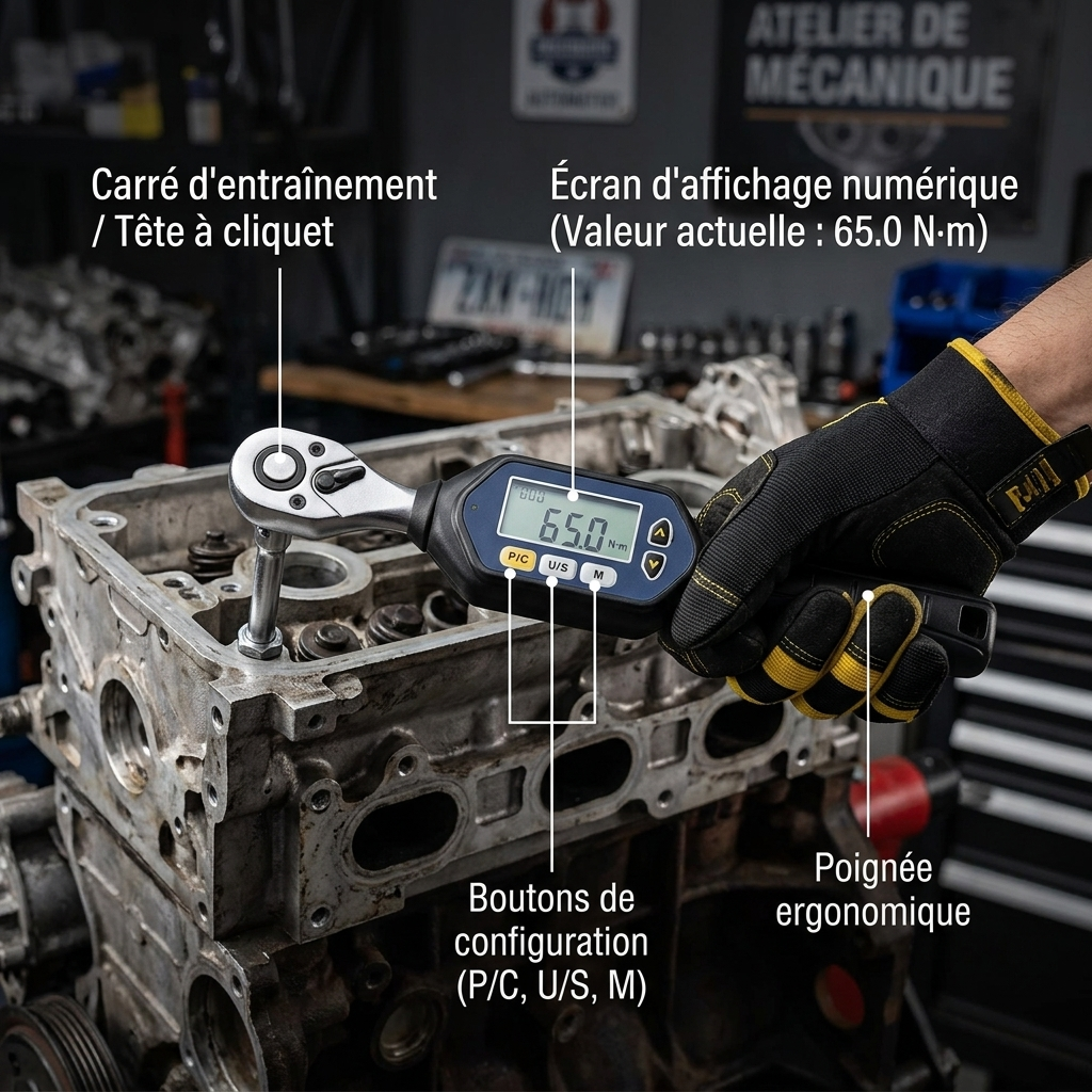 Clé Dynamométrique Digitale 1/2" Précision Auto Moteur & Châssis — serrage de culasse (65.0 N·m)