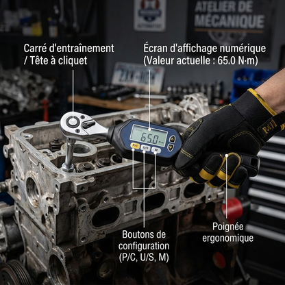 Clé Dynamométrique Digitale 1/2" Précision Auto Moteur & Châssis — serrage de culasse (65.0 N·m)