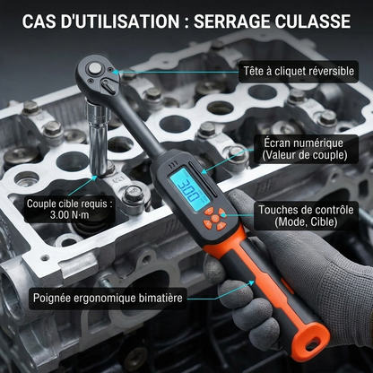 Clé Dynamométrique Digitale 3/8" Serrage Polyvalent Moto & Moteur — serrage de culasse (3.00 N·m)