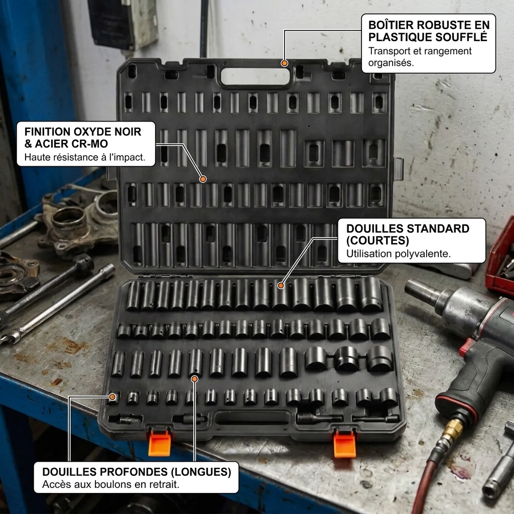 Coffret de douilles 1/2" et 3/8" Pro Acier Résistant — présentation atelier