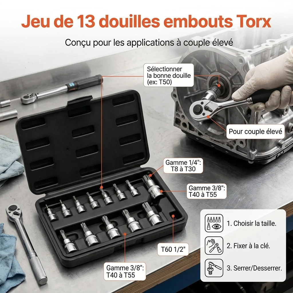 Coffret de douilles embouts Torx 1/4", 3/8" et 1/2" Acier Renforcé — serrage moteur
