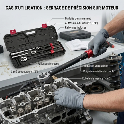 Clé Dynamométrique Coffret Kit Auto, Moto & Vélo — serrage de culasse (220 N.m)