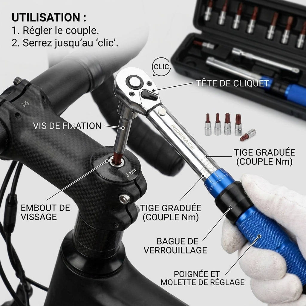 Clé Dynamométrique 3/8" Maintenance Cycle & Moto — serrage de potence vélo (5 Nm)