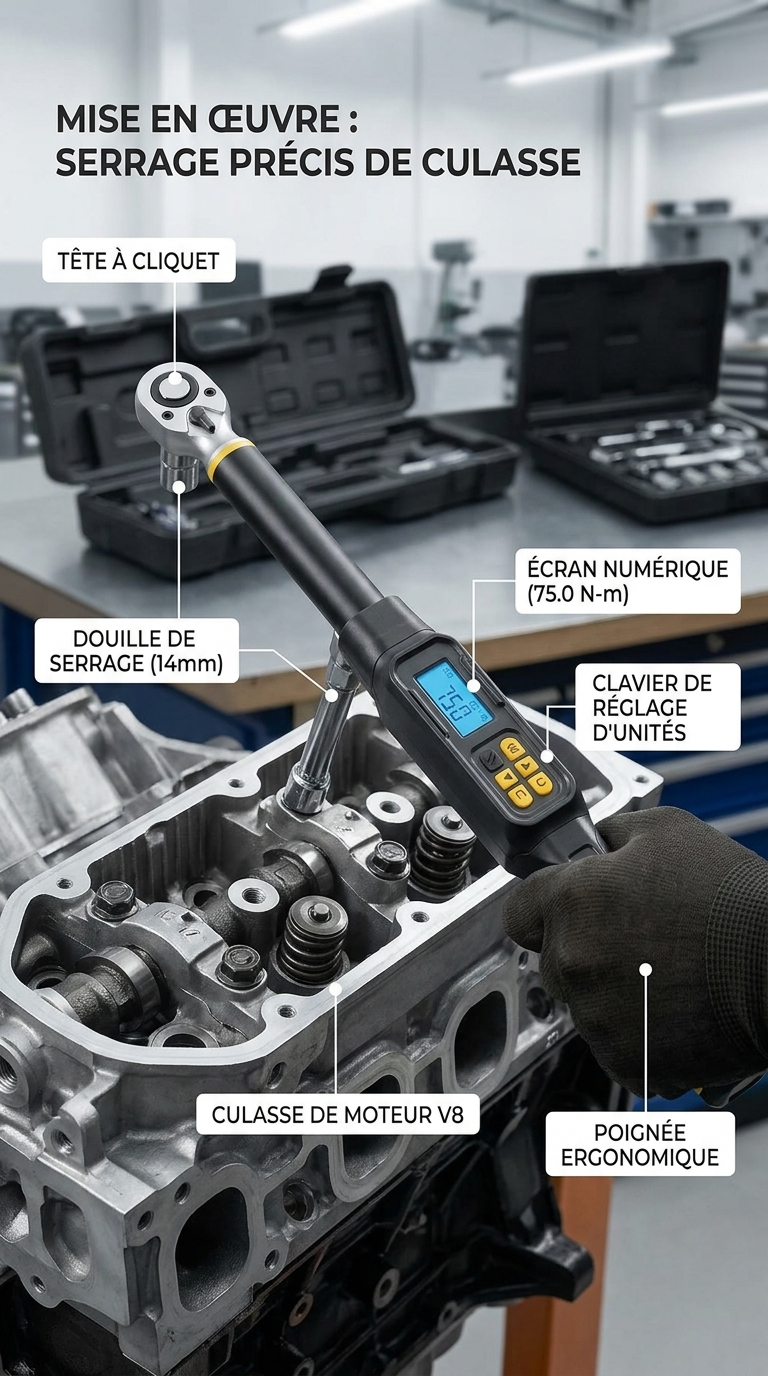 Clé Dynamométrique Digitale 1/2" Polyvalence Moteur & Roues — serrage de culasse