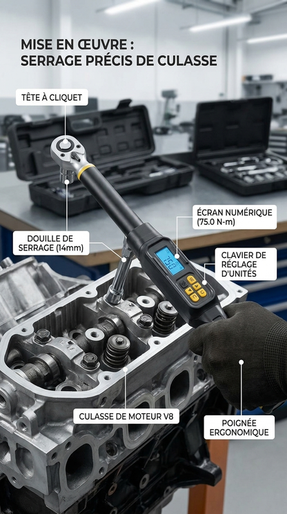 Clé Dynamométrique Digitale 1/2" Polyvalence Moteur & Roues — serrage de culasse
