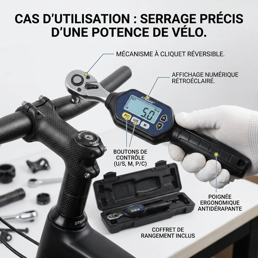 Clé Dynamométrique Digitale 1/4" Précision Micro-Serrage Vélo — serrage de potence vélo (5.0 N.m)