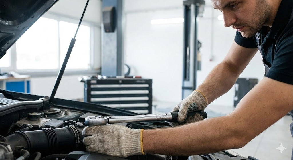 Mécanicien utilisant une clé dynamométrique sur moteur de voiture dans un garage