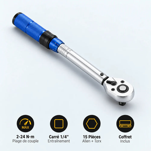 Clé Dynamométrique 1/4" Kit Spécial Vélo & Carbone — 2-24 N·m, carré 1/4", 15 pièces Allen + Torx, coffret inclus