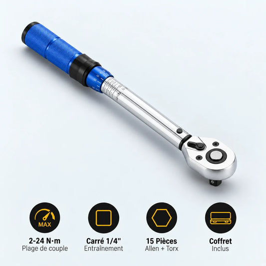 Clé Dynamométrique 1/4" Kit Spécial Vélo & Carbone — 2-24 N·m, carré 1/4", 15 pièces Allen + Torx, coffret inclus