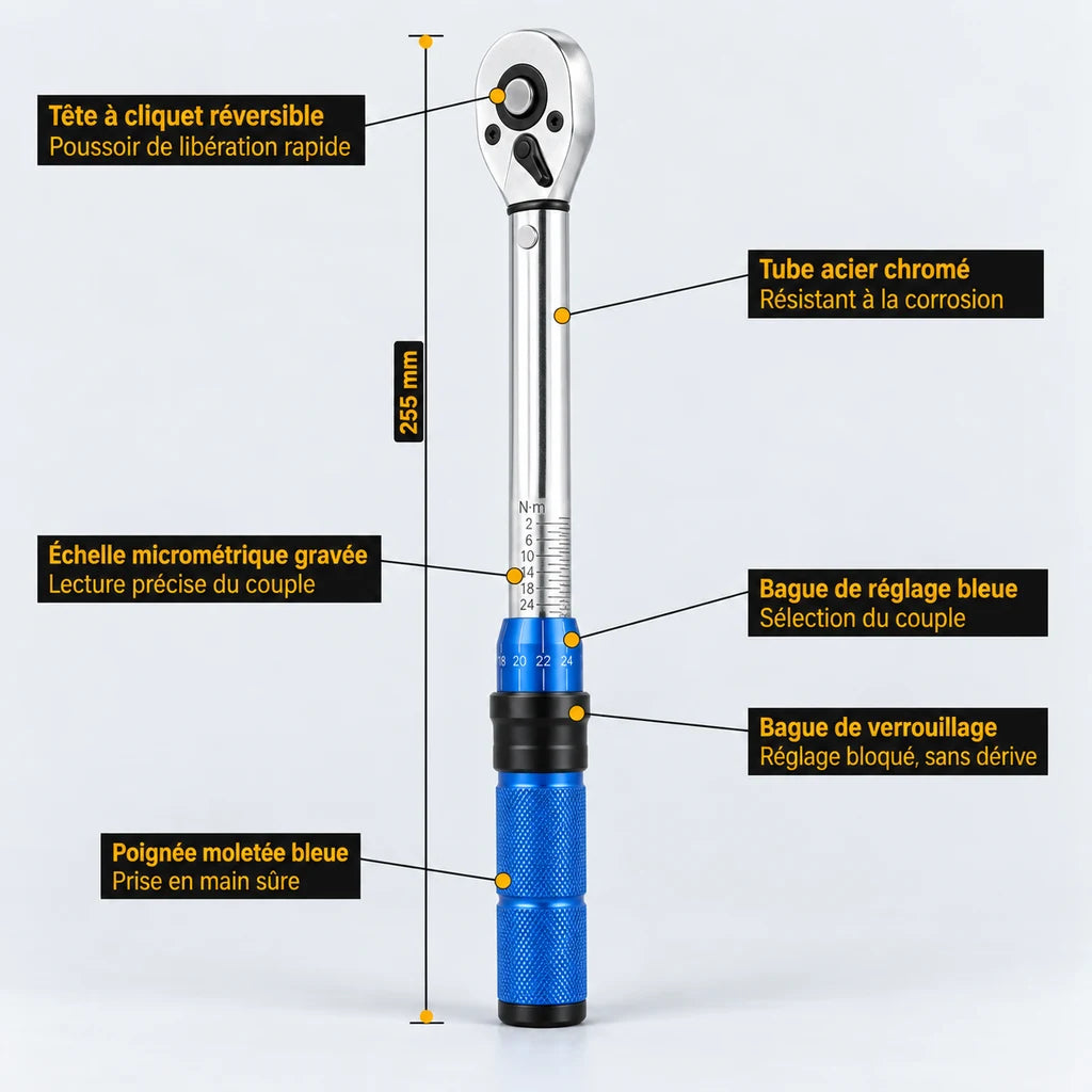 Clé Dynamométrique 1/4" Kit Spécial Vélo & Carbone — schéma annoté des composants