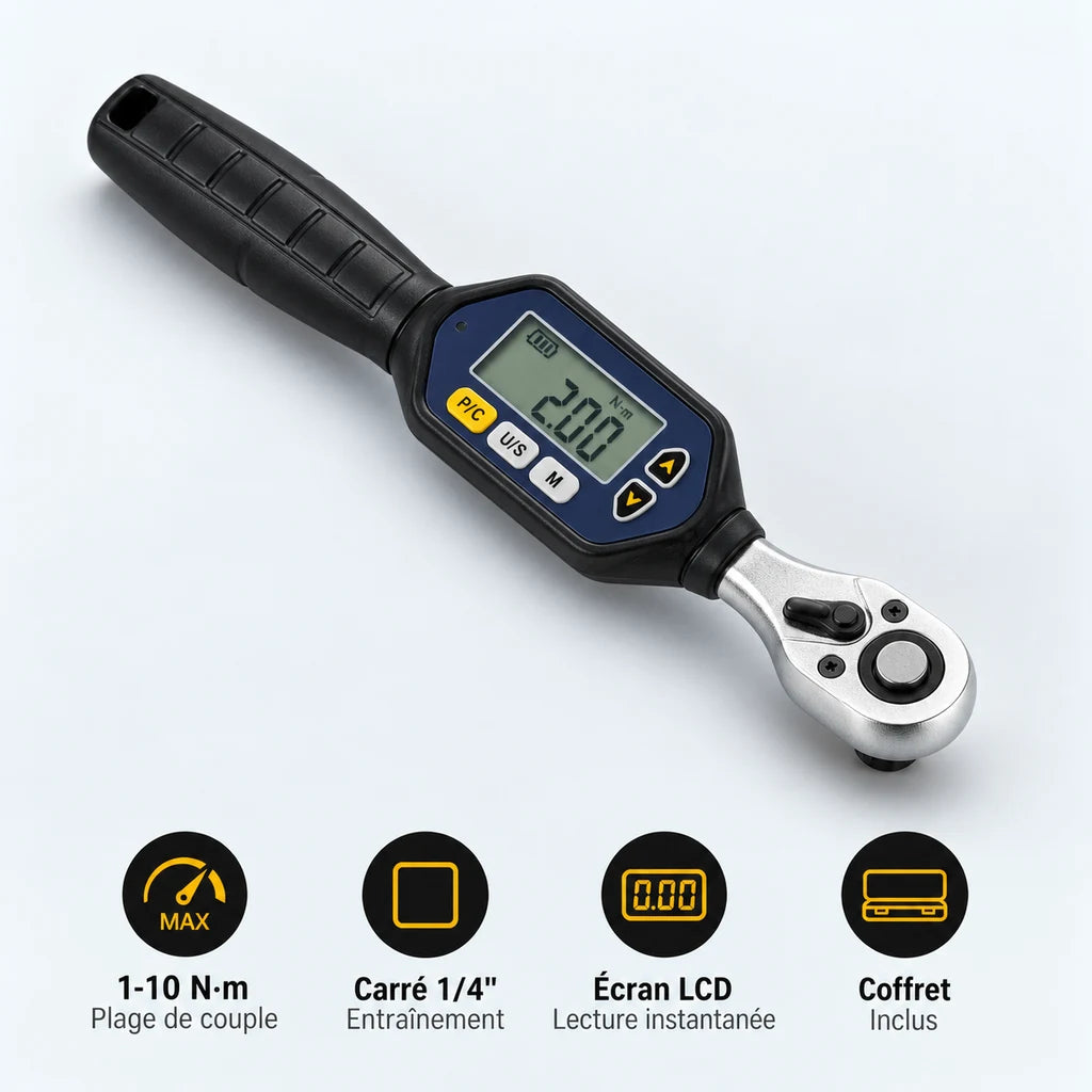 Clé Dynamométrique Digitale 1/4" Précision Micro-Serrage Vélo — 1-10 N·m, carré 1/4", écran LCD, coffret inclus