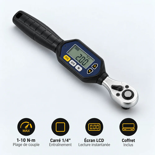 Clé Dynamométrique Digitale 1/4" Précision Micro-Serrage Vélo — 1-10 N·m, carré 1/4", écran LCD, coffret inclus
