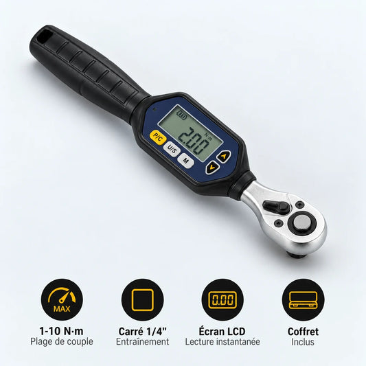 Clé Dynamométrique Digitale 1/4" Précision Micro-Serrage Vélo — 1-10 N·m, carré 1/4", écran LCD, coffret inclus