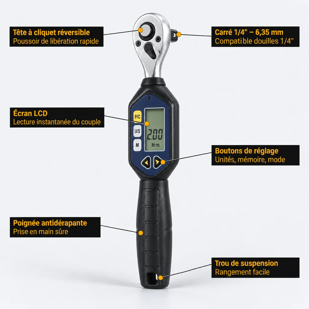 Clé Dynamométrique Digitale 1/4" Précision Micro-Serrage Vélo — schéma annoté des composants