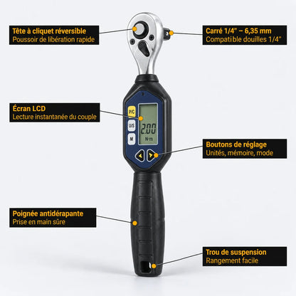 Clé Dynamométrique Digitale 1/4" Précision Micro-Serrage Vélo — schéma annoté des composants