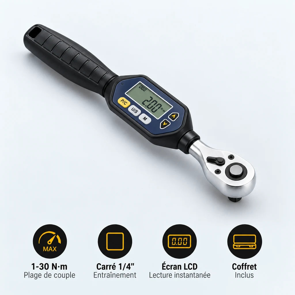 Clé Dynamométrique Digitale 1/4" Vélo Carbone & VTT — 1-30 N·m, carré 1/4", écran LCD, coffret inclus