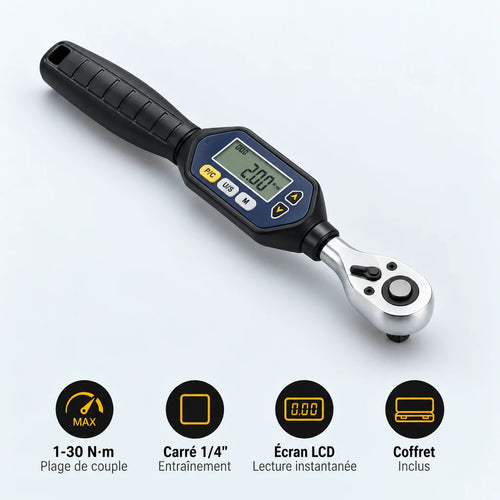 Clé Dynamométrique Digitale 1/4" Vélo Carbone & VTT — 1-30 N·m, carré 1/4", écran LCD, coffret inclus