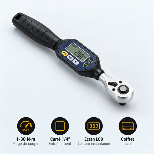 Clé Dynamométrique Digitale 1/4" Vélo Carbone & VTT — 1-30 N·m, carré 1/4", écran LCD, coffret inclus